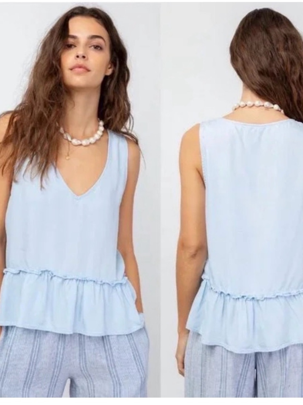 Rails Light Blue Ruffle-Hem V-Neck Tank